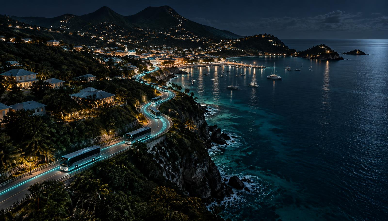 Buses tracing light trails along a Caribbean coastal road at night